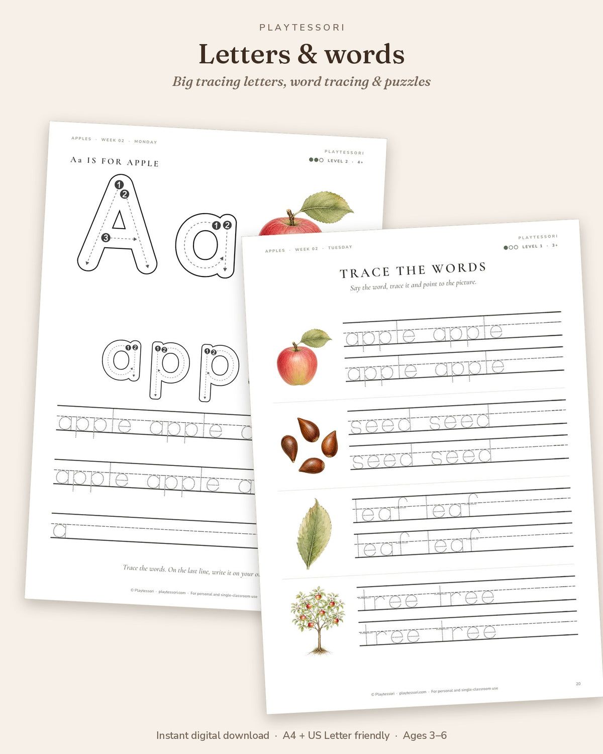 Big tracing letters Aa is for apple page and trace the words page