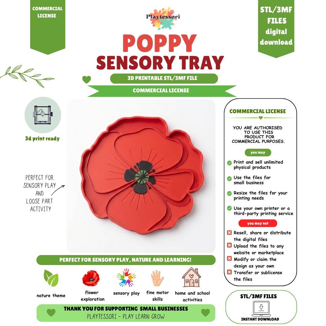 Poppy Sensory Tray STL 3MF file, Commercial License, 3D printable Montessori flower loose parts tray digital download