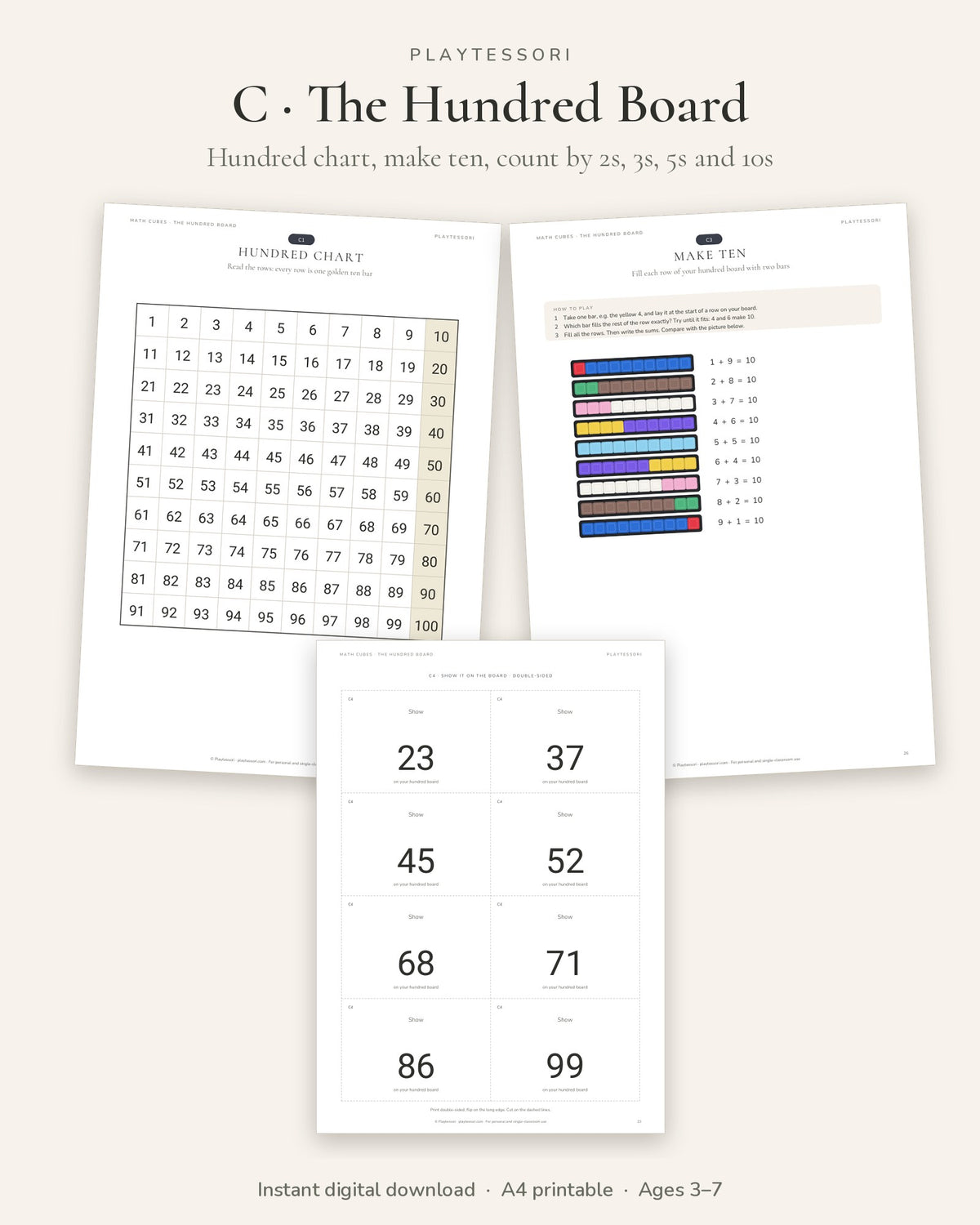 Hundred board: hundred chart, make ten with two bars and show it on the board cards
