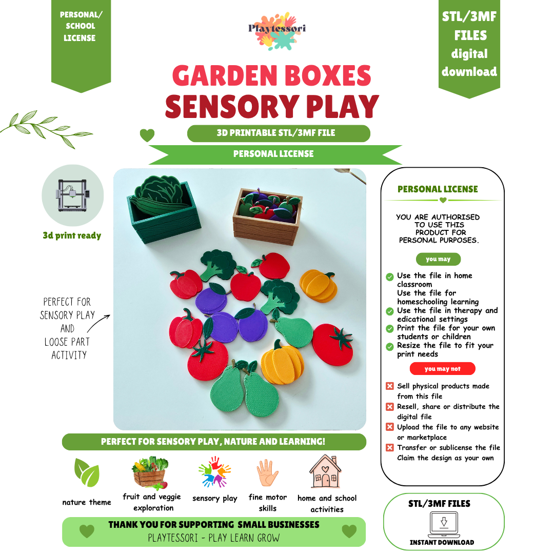 Garden box sensory play set STL file with personal school license, fruit and vegetable digital download