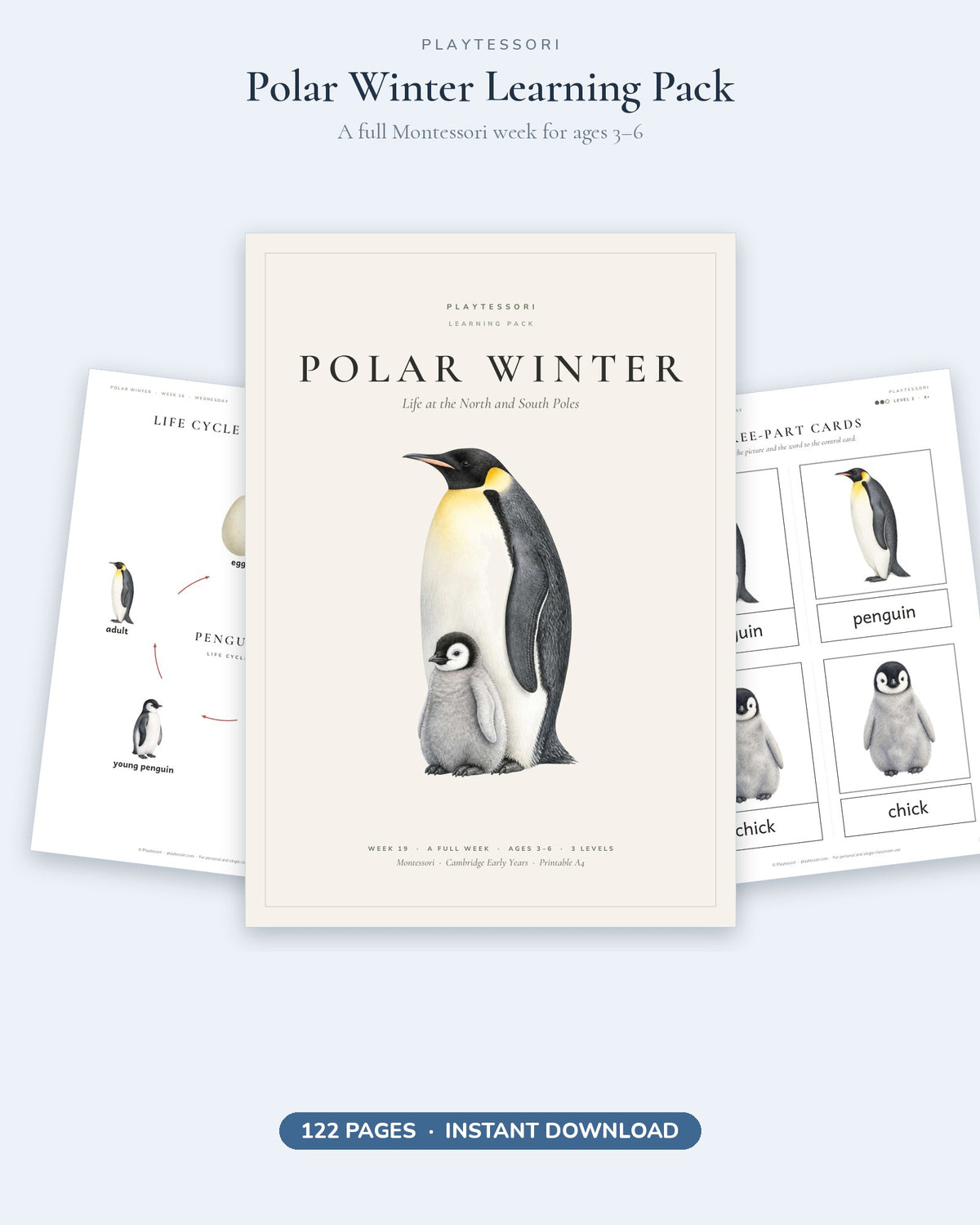 Polar Winter Learning Pack cover with a watercolour emperor penguin and chick, 122 printable pages for ages 3 to 6