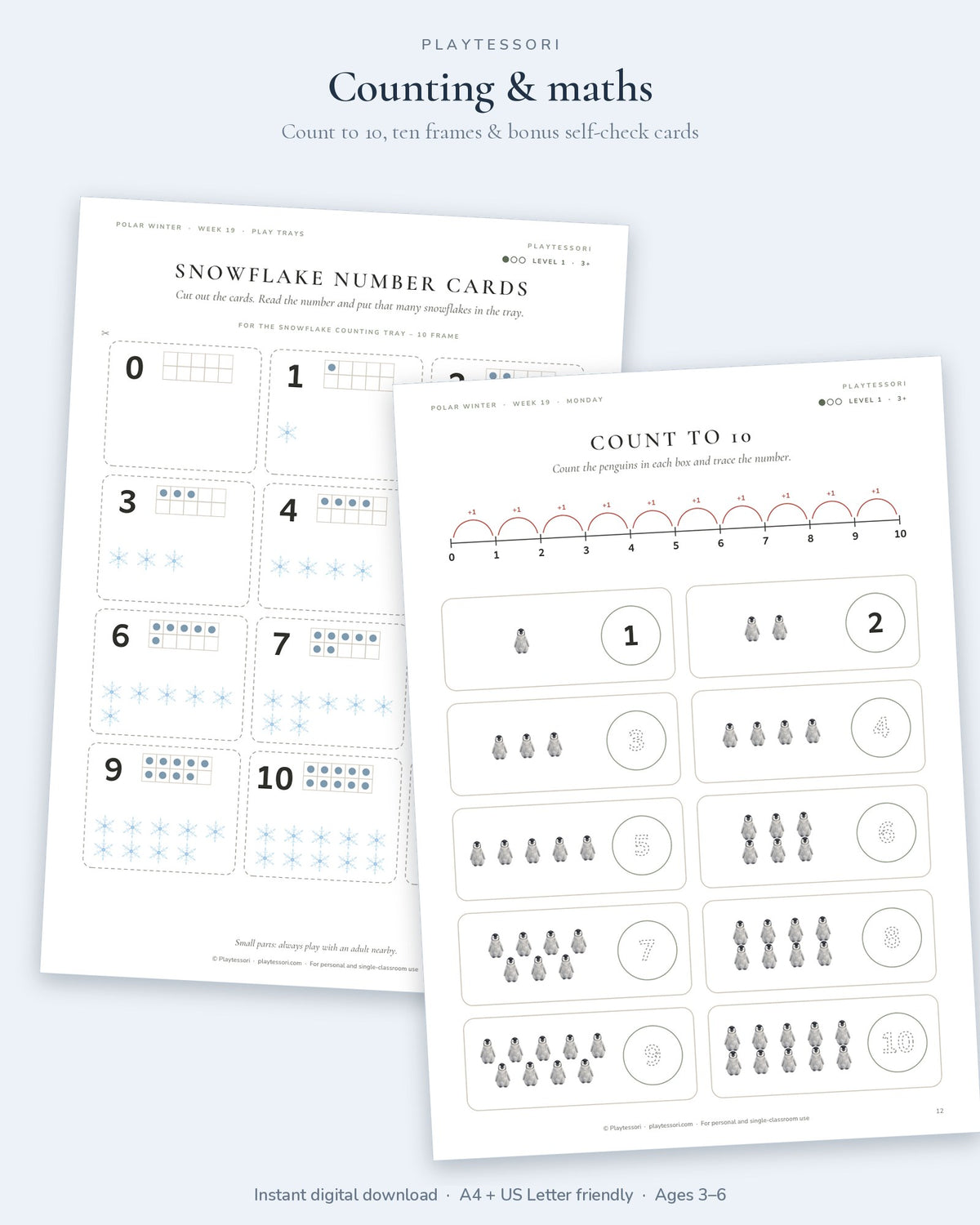 Snowflake number cards with ten frames and the count to 10 penguin counting page