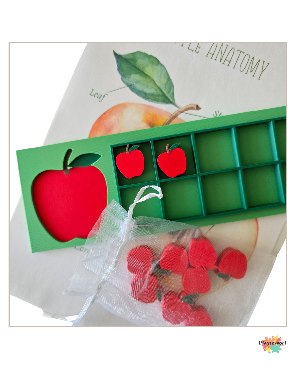 Apple 10-frame counting set with apple-shaped tray and red apple counters, Montessori math and sensory learning tool.