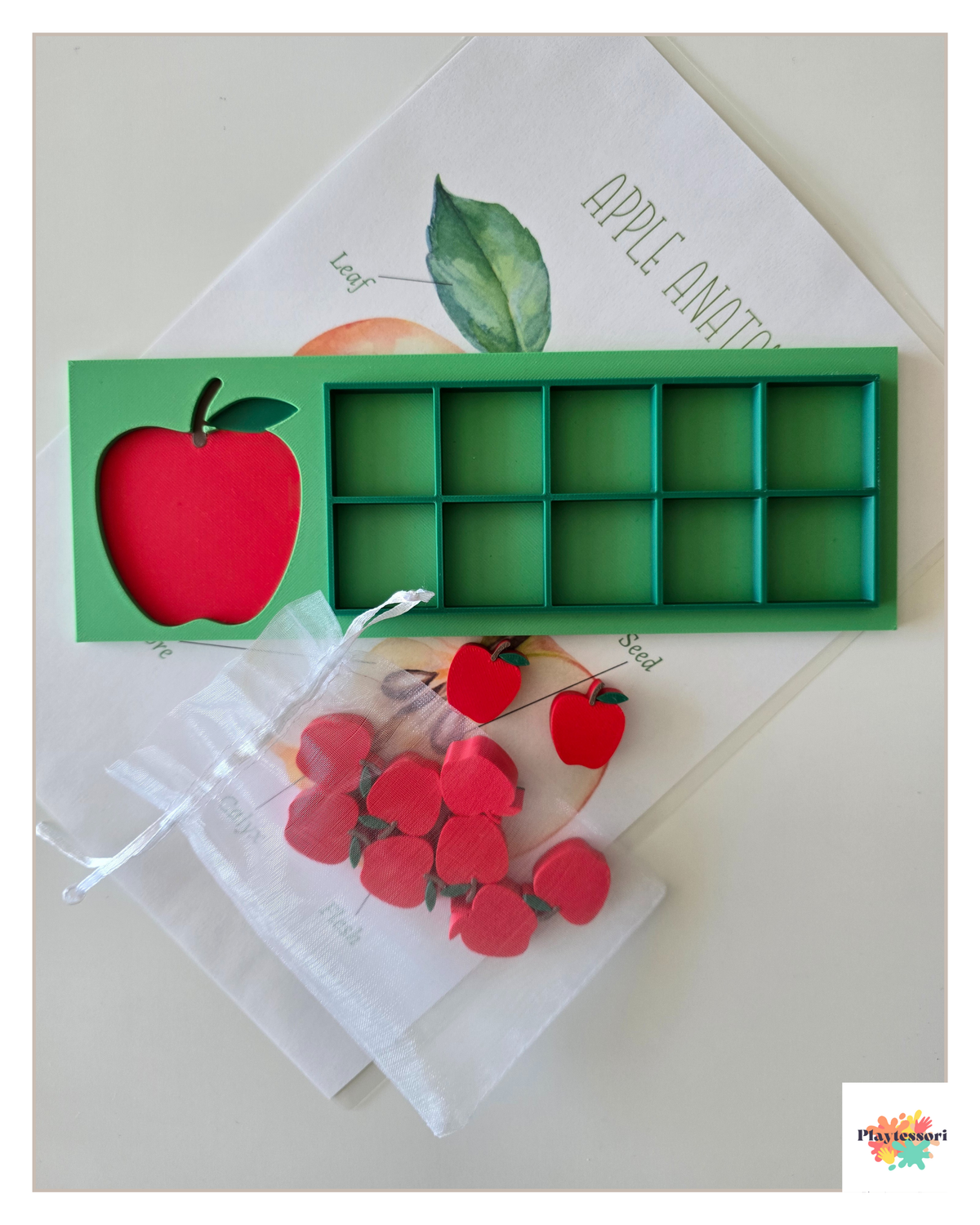 Apple 10-frame counting tray filled with red apple counters, hands-on math activity for number sense and early counting.