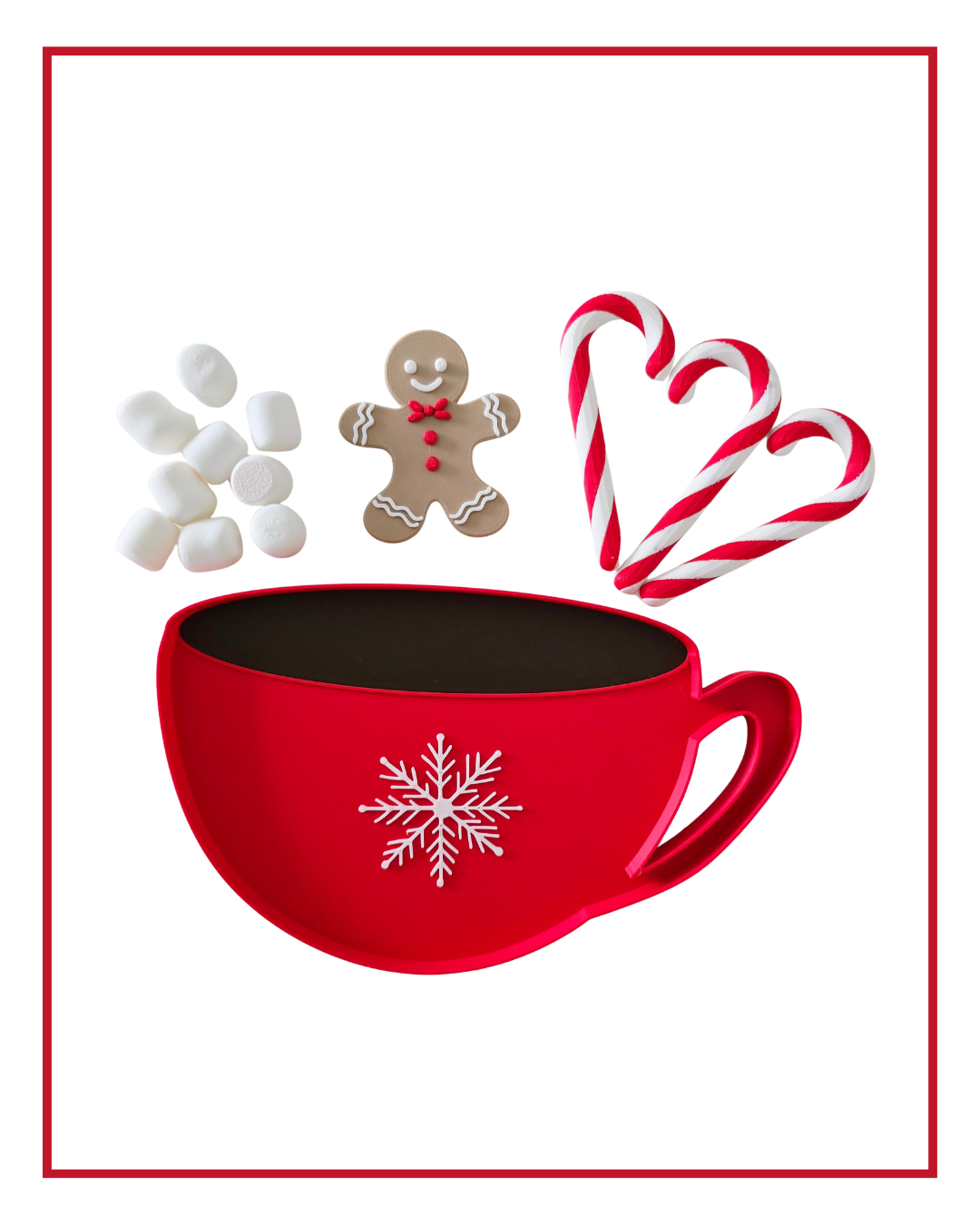 All printed pieces: red snowflake cup tray, marshmallows, gingerbread man cookie and three candy canes