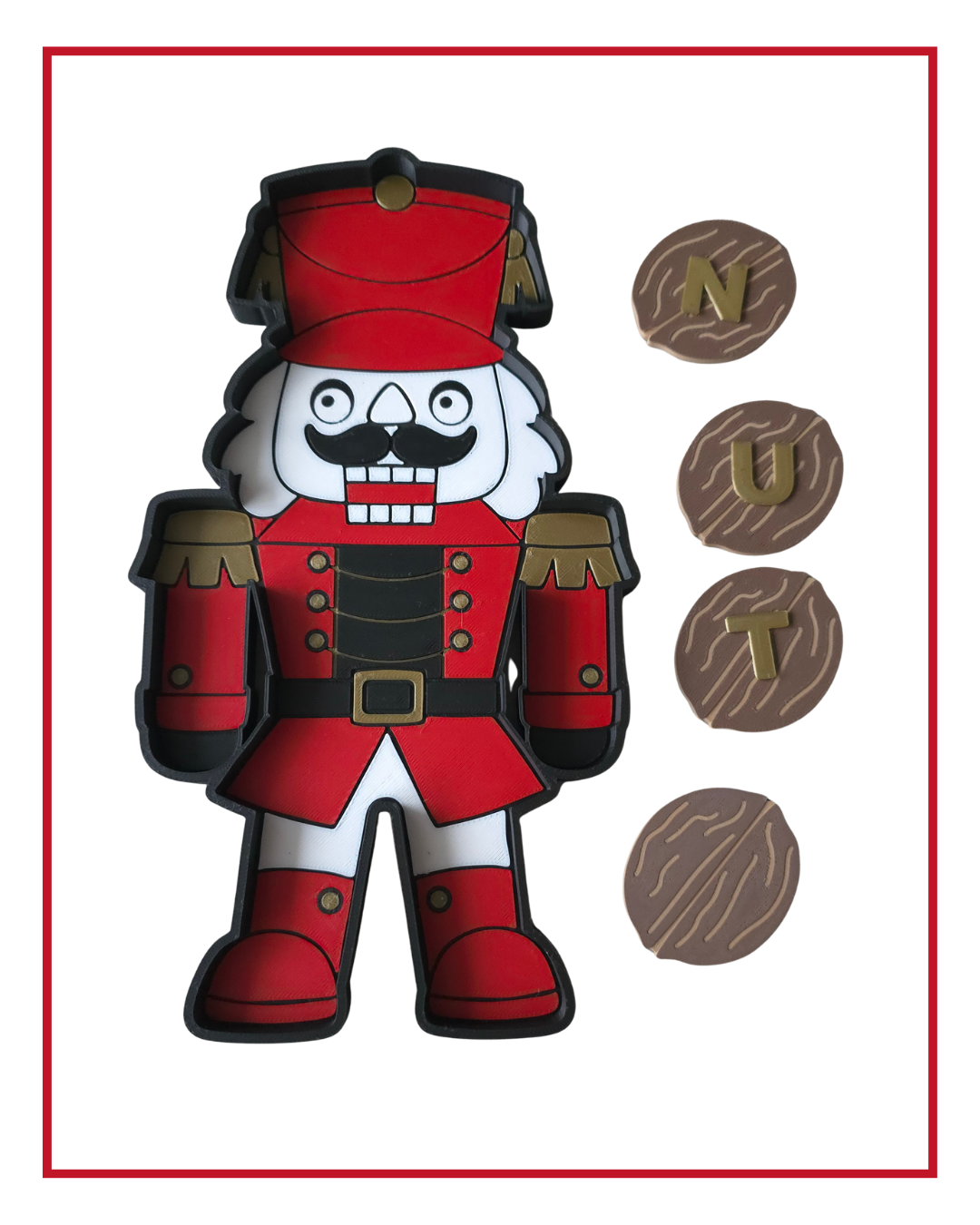 Printed nutcracker tray with three letter nuts N, U, T and one plain nut