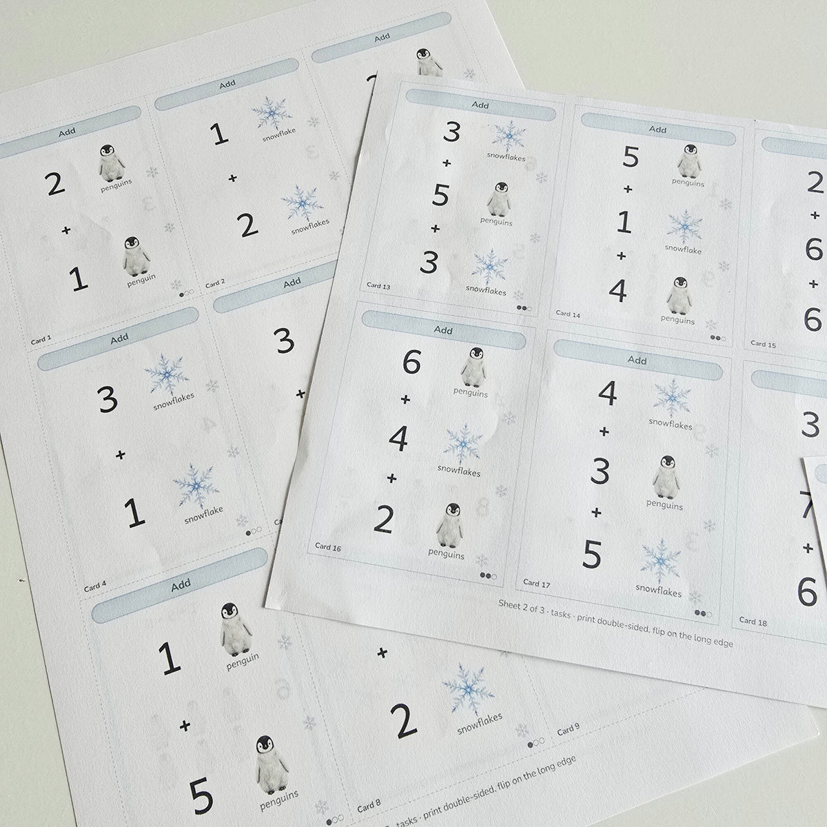 Printed Add task cards with penguins and snowflakes