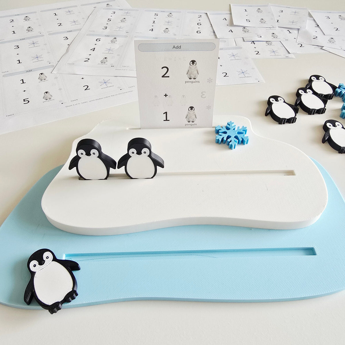 Penguins standing in the slots of the two-level ice floe