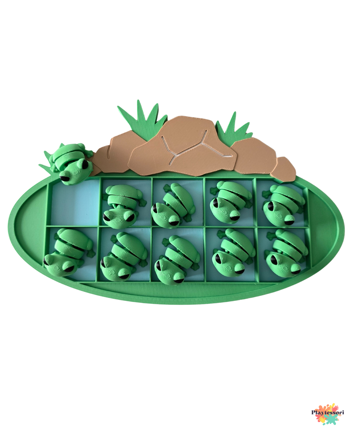 10 frame pond with 10 frogs on a white background