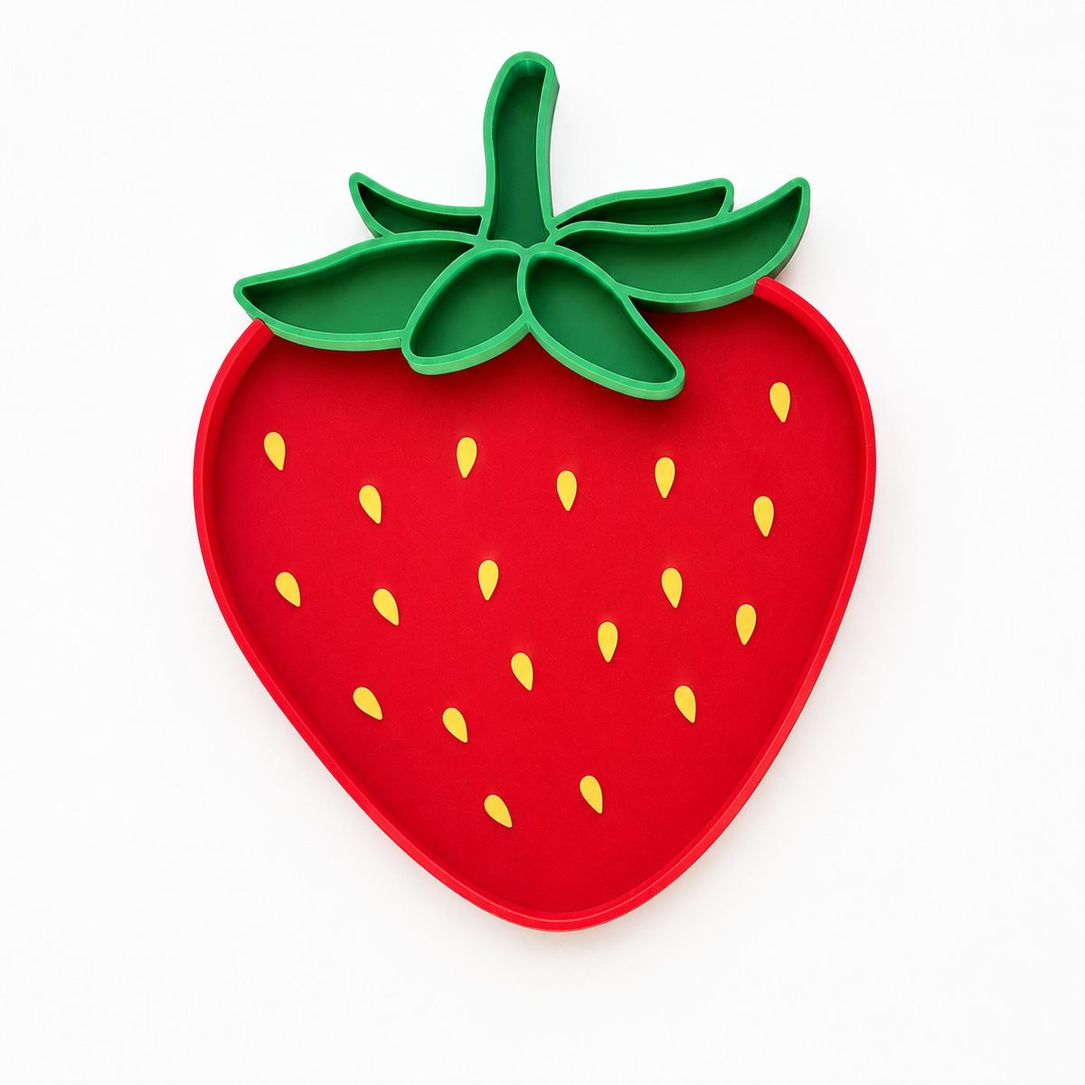 Red strawberry-shaped sensory tray with green leaves on a white background
