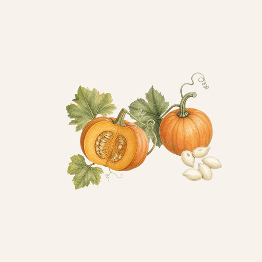 Watercolour pumpkin cut in half showing the flesh and seeds inside, next to a whole pumpkin and pumpkin seeds