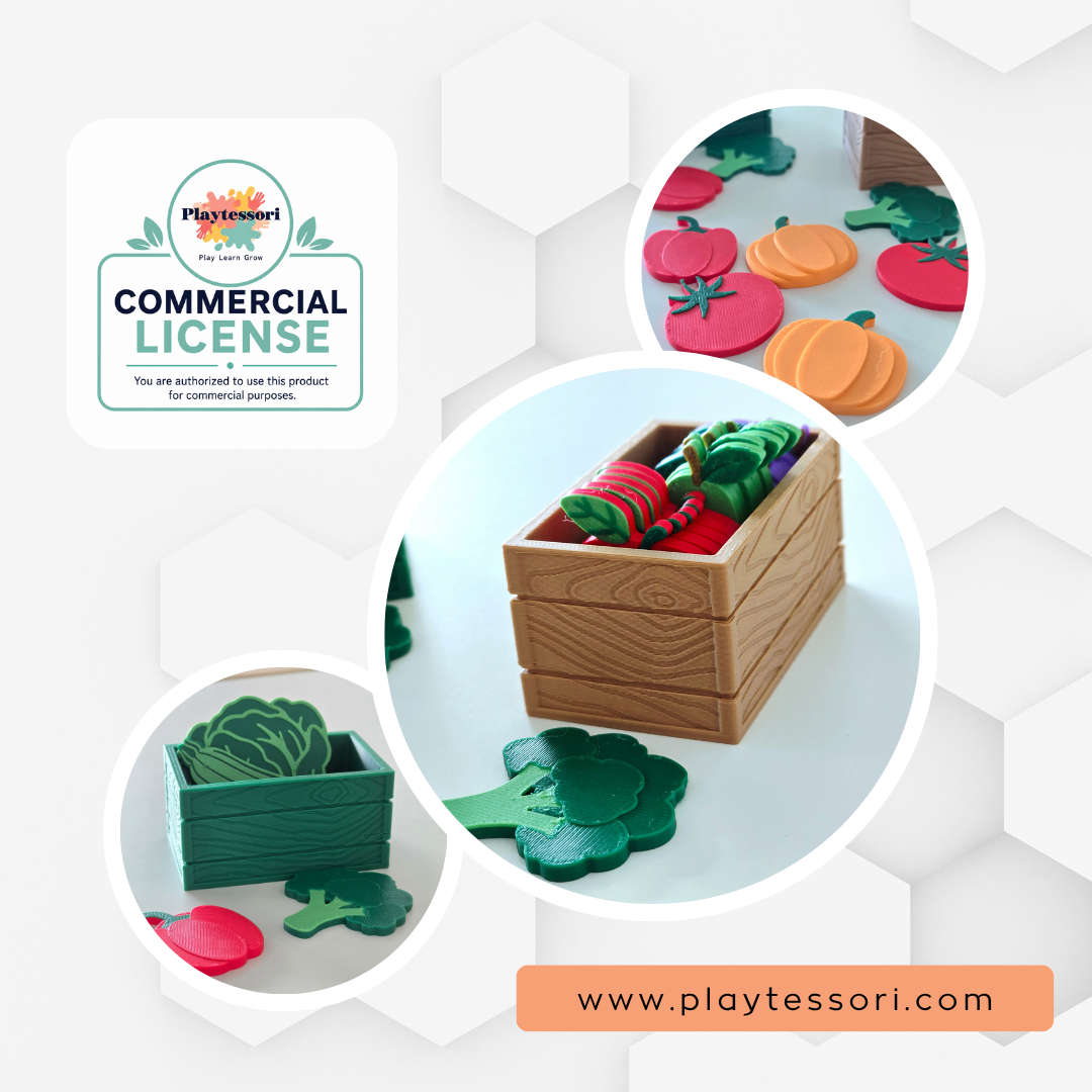 Garden box sensory set STL file with commercial license, close-up of crate with vegetables and minis