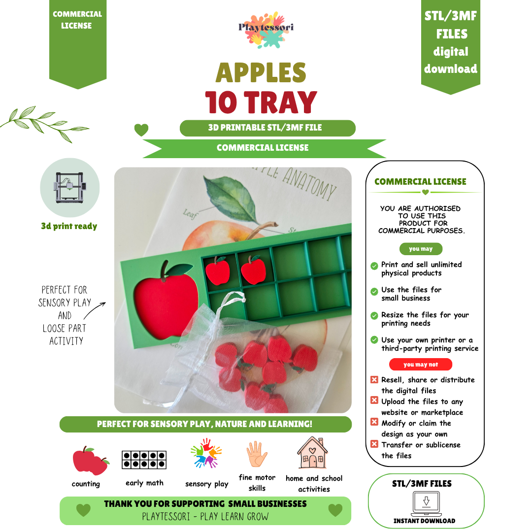 Apple Ten Frame Counting Tray STL File – Playtessori