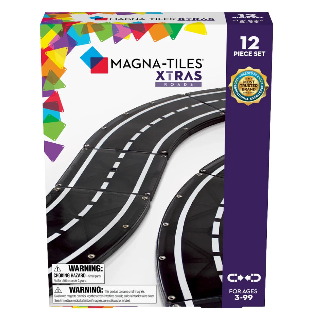 Magna-Tiles Xtras Roads packaging with road tracks and colorful branding on a white background