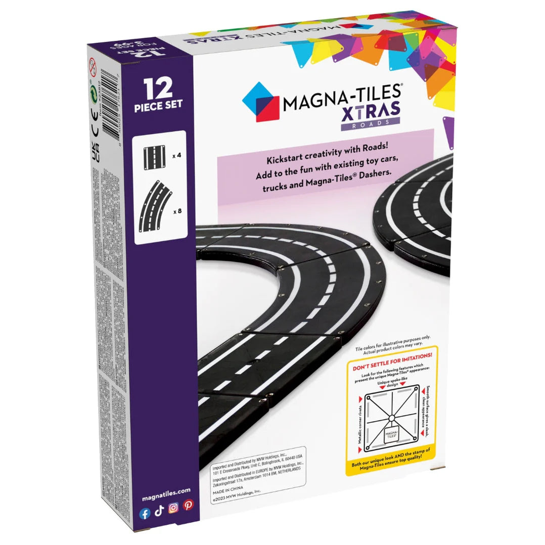 Magna-Tiles Xtras 12-piece set packaging with toy roads on a white background