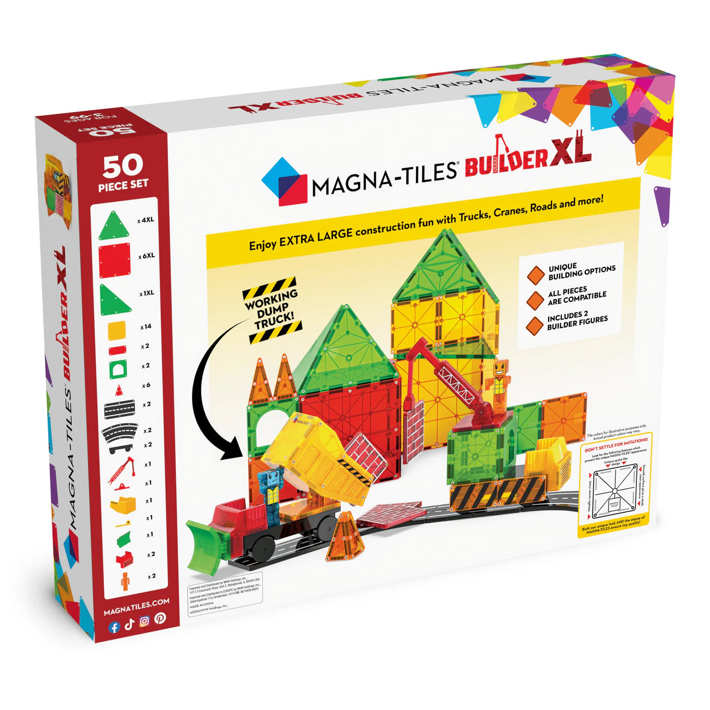 Magna-Tiles Builder XL toy set packaging with colorful tiles and construction scene on a white background