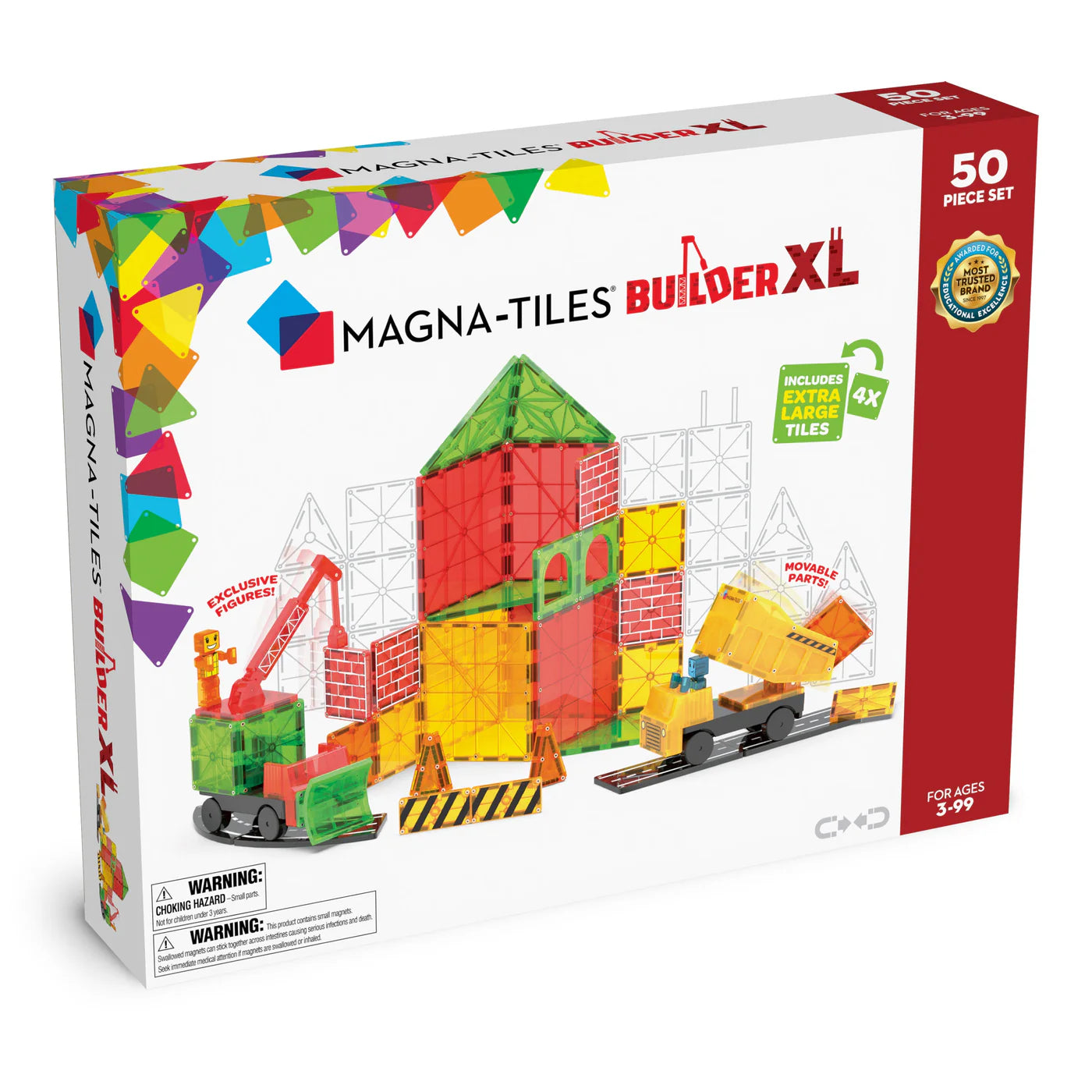 Magna-Tiles Builder XL packaging with colorful tiles and construction scene on a white background