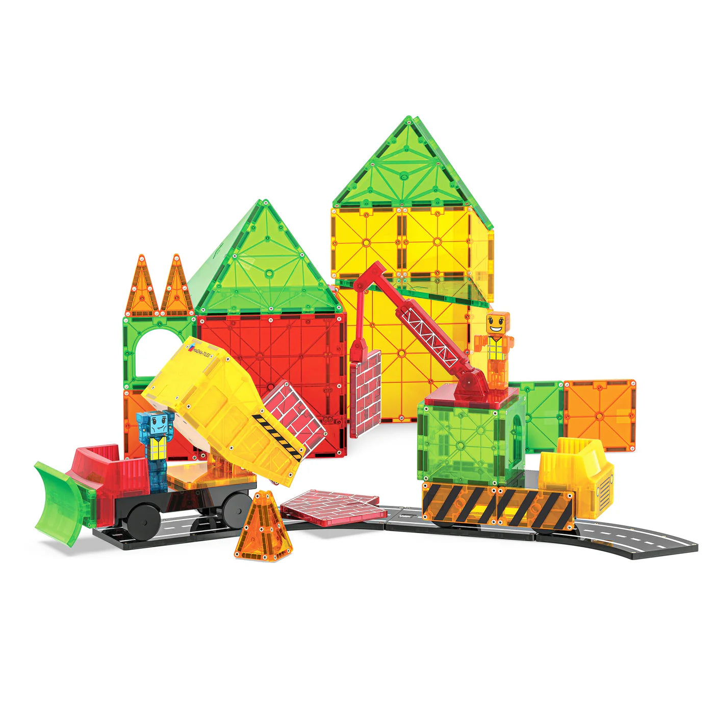 Colorful toy construction set with buildings and vehicles on a white background