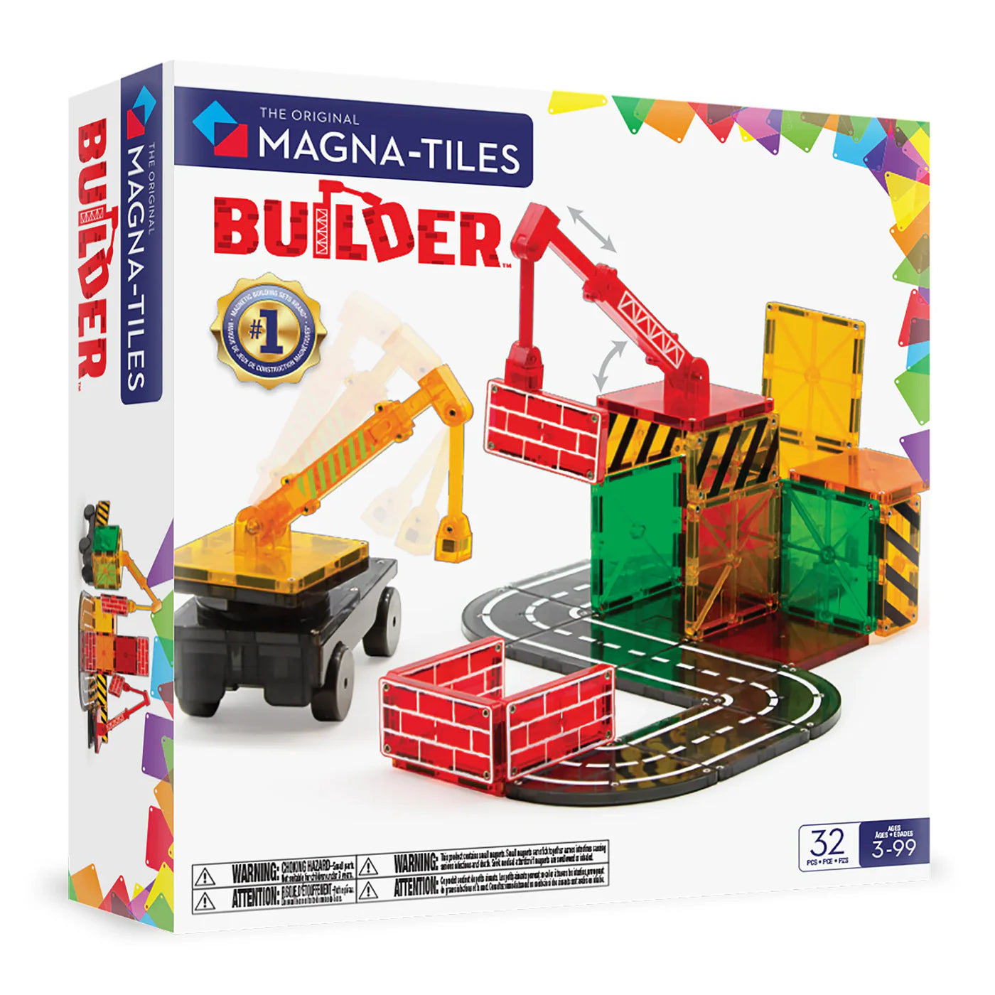 Magna-Tiles Builder set packaging with toy construction scene on a white background