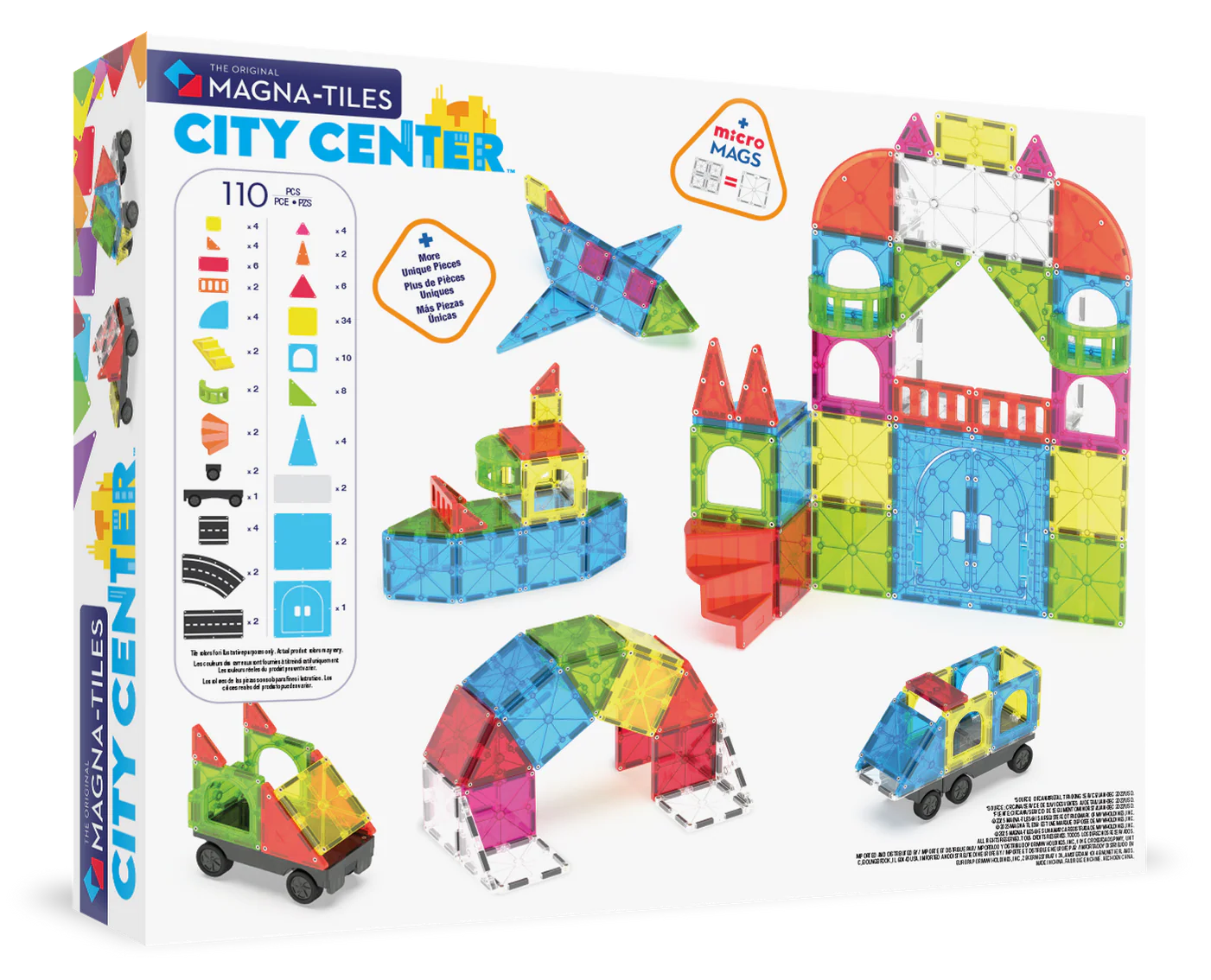 Magna-Tiles City Center toy set packaging with colorful building blocks and vehicle on a white background