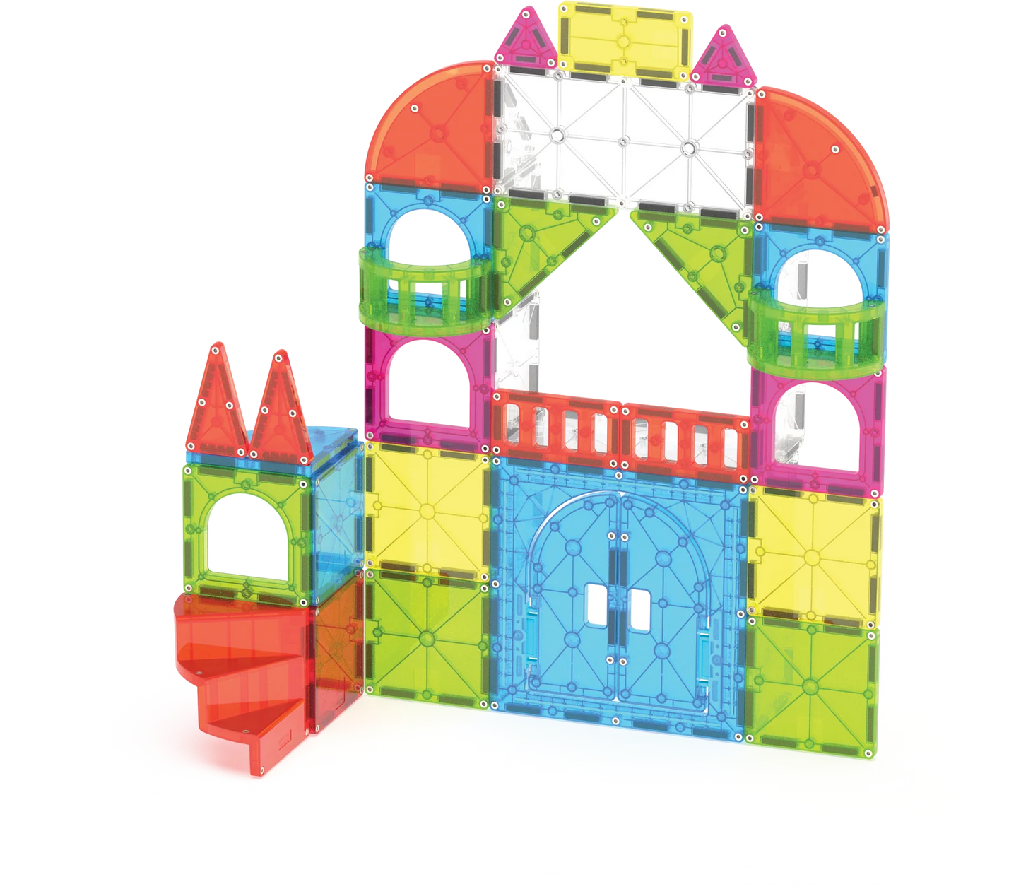 Colorful magnetic building blocks arranged to form a castle on a white background