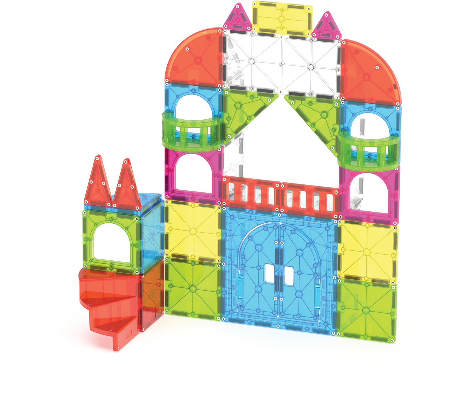 Colorful magnetic building blocks arranged to form a castle on a white background