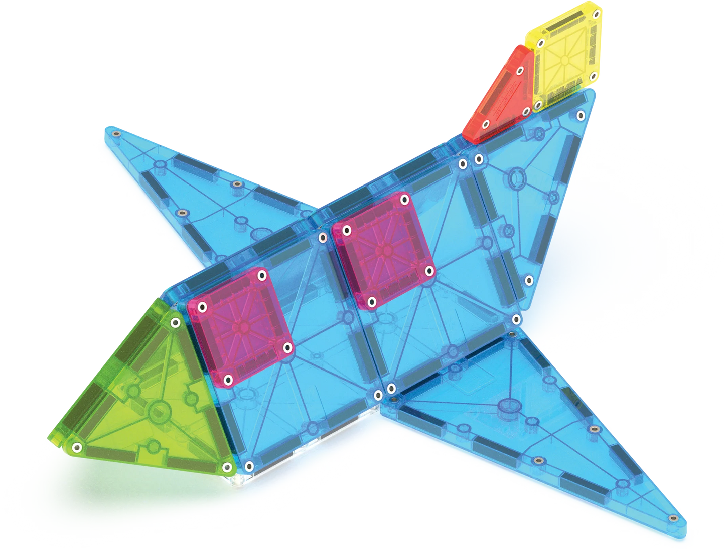 Colorful magnetic building block set shaped like a star on a white background