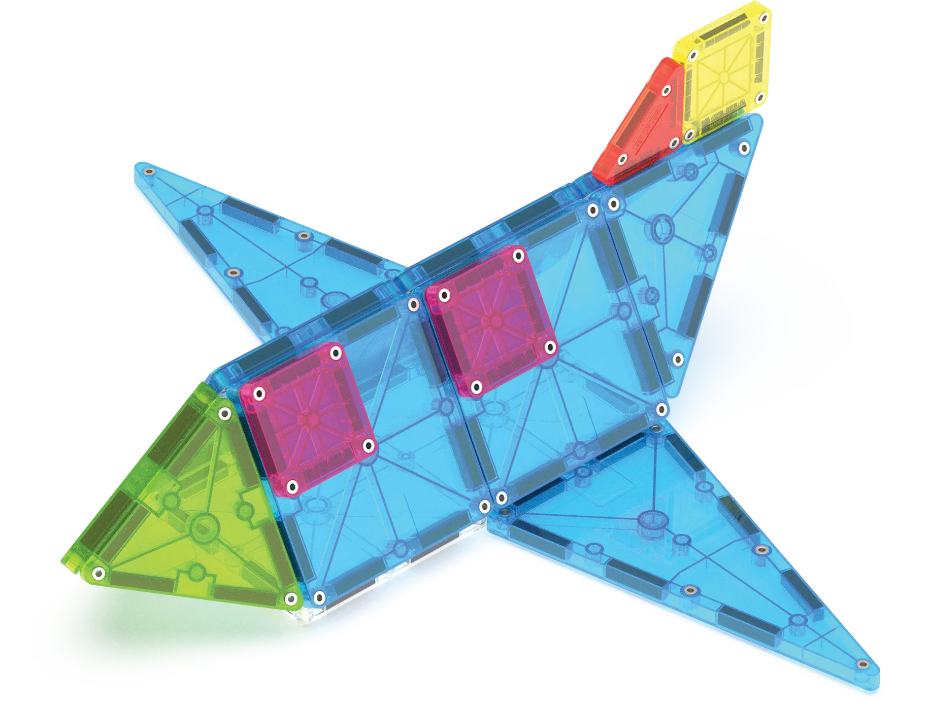 Colorful magnetic building block set shaped like a star on a white background
