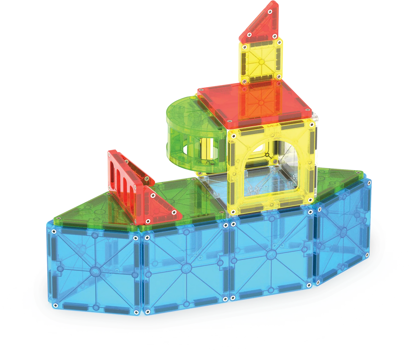 Colorful magnetic building block set on a white background
