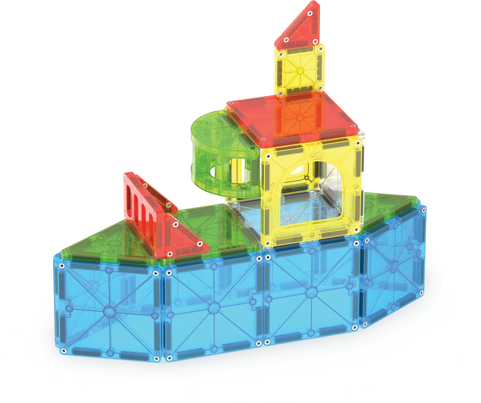 Colorful magnetic building block set on a white background