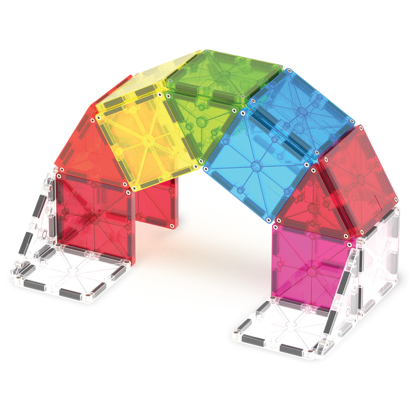 Colorful magnetic building blocks on a white background