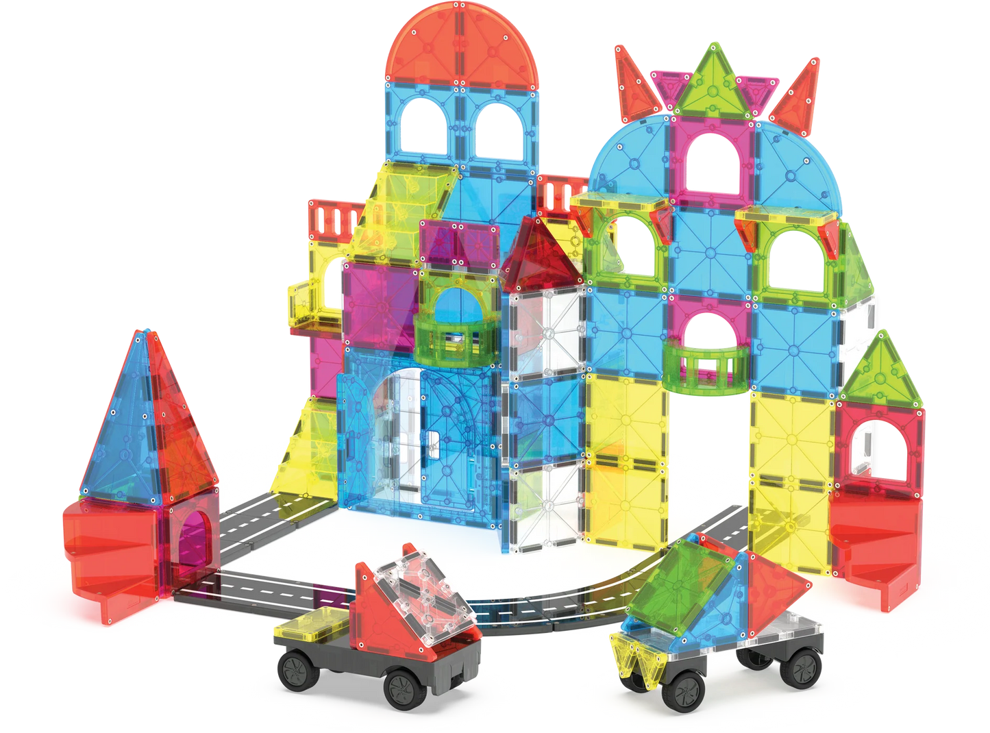 Colorful magnetic building blocks set with a truck on a white background