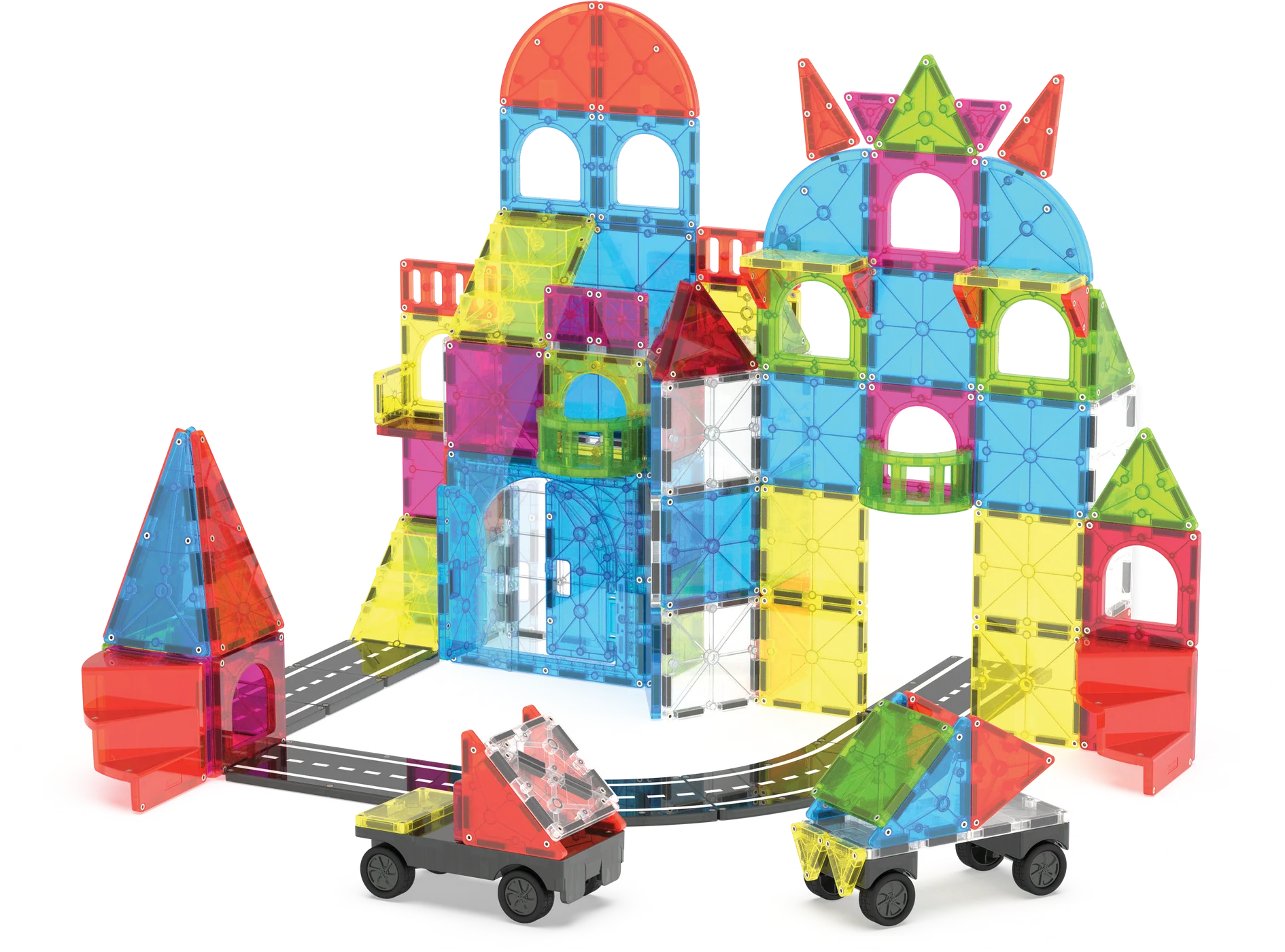 Colorful magnetic building blocks set with a truck on a white background