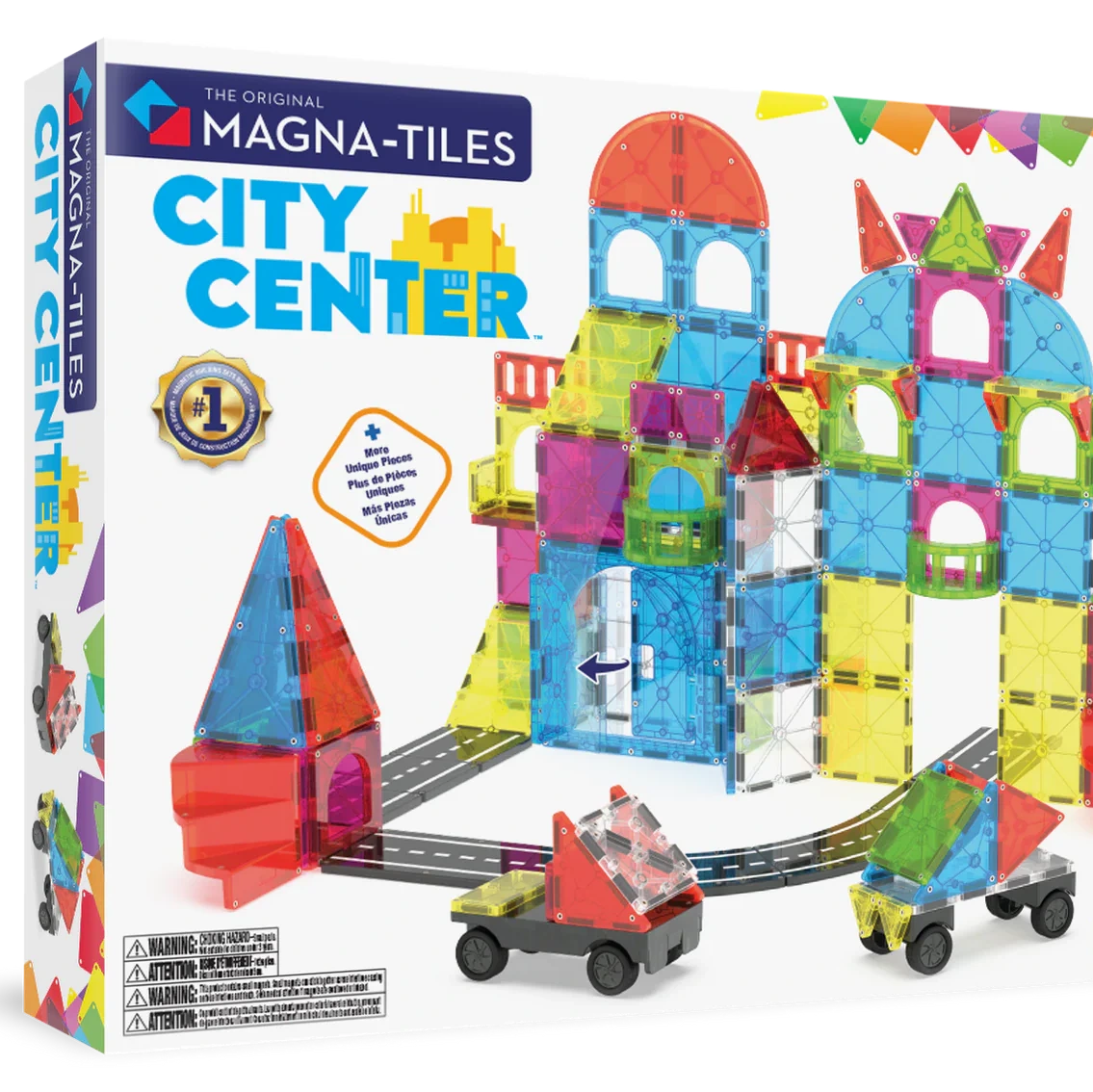Magna-Tiles City Center toy set packaging with colorful building blocks and cars on a white background.