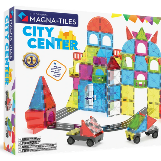 Magna-Tiles City Center toy set packaging with colorful building blocks and cars on a white background.