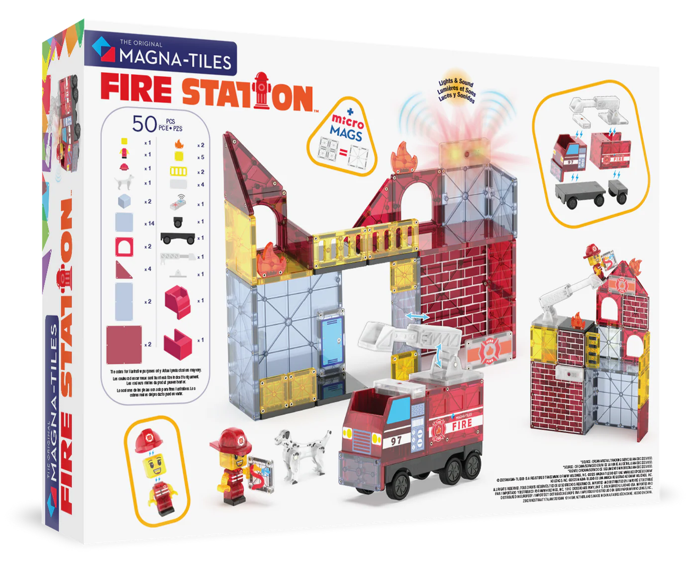 Magna-Tiles Fire Station toy set packaging with fire station model and vehicle on a white background