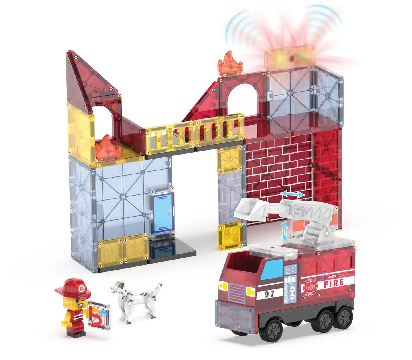 Toy fire station set with fire truck, building, and figures on a white background