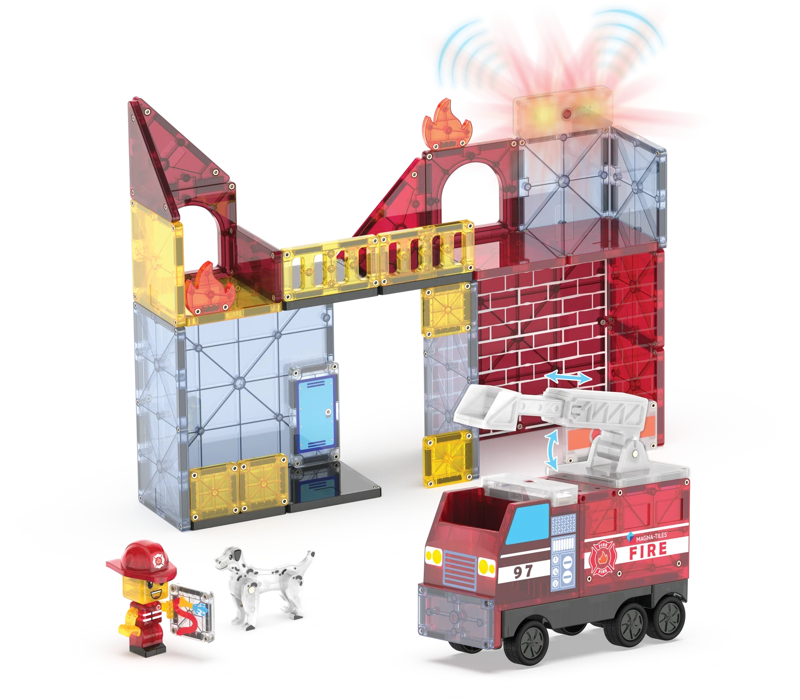 Toy fire station set with fire truck, building, and figures on a white background