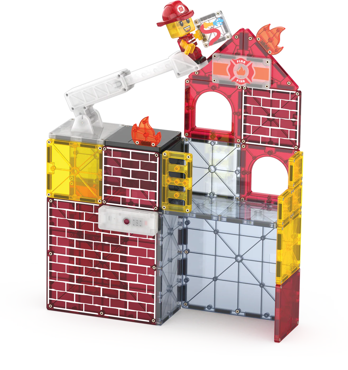 Toy fire station set with a fireman figure on a white background