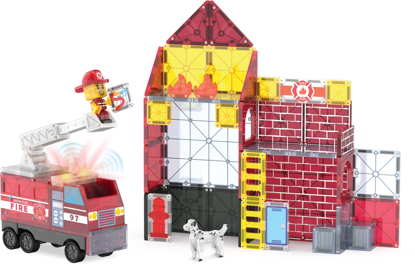 Toy fire station set with fire truck, ladder, and building on a white background