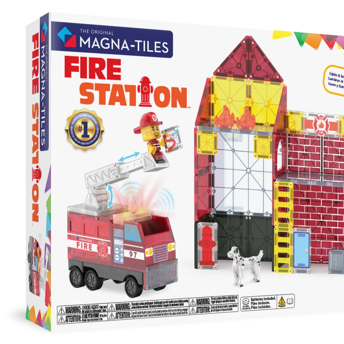 Magna-Tiles Fire Station toy set packaging with fire truck, building, and figures on a white background.