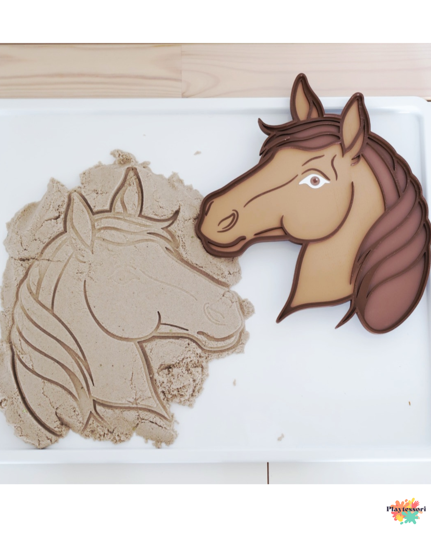 Farm animal horse sensory tray used for playdough and sensory bin activities.