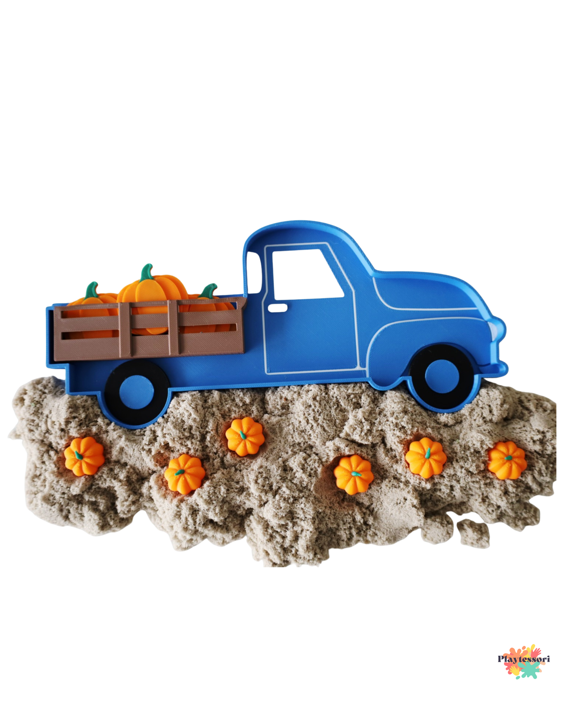 Vintage truck sensory tray with pumpkins used in a harvest-themed sensory play setup, farm-inspired Montessori activity.