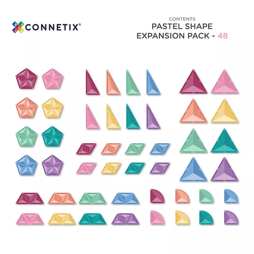 Pastel shape expansion pack by Connetix with various colorful geometric shapes on a white background.