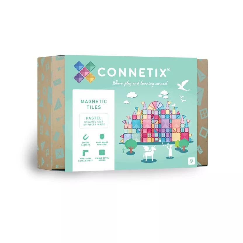 Connetix magnetic tiles packaging with colorful design on a white background