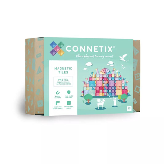 Connetix magnetic tiles packaging with colorful design on a white background