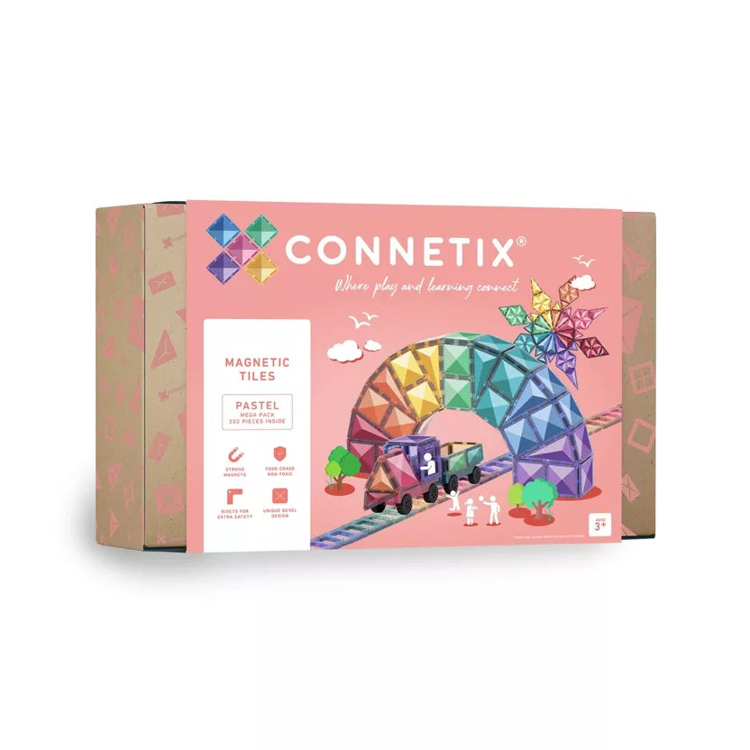 Connetix magnetic tiles packaging with colorful design on a white background