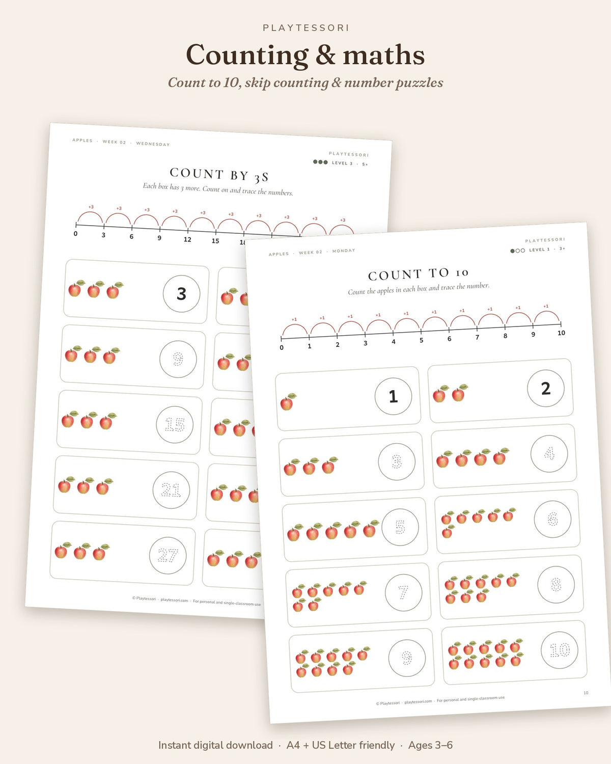 Count by 3s and count to 10 apple counting pages