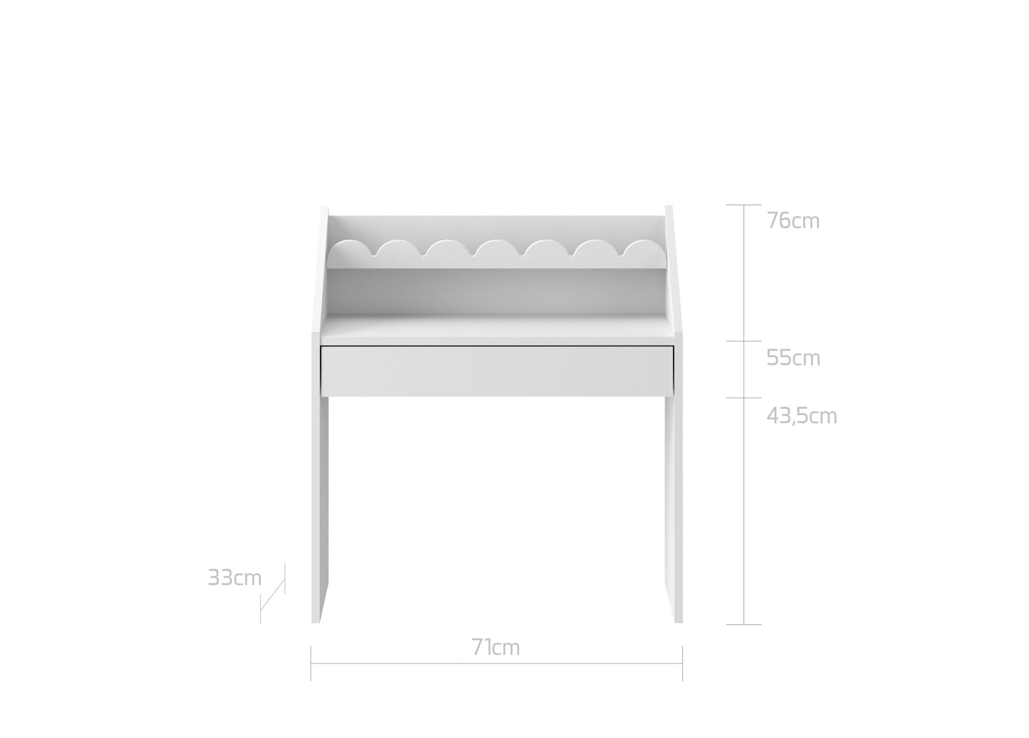 White children's desk with dimensions on a white background