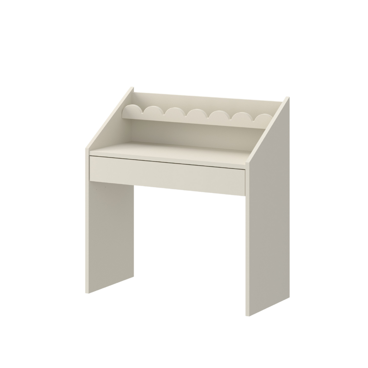 White children's desk with a shelf and drawers on a white background